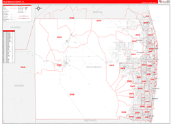 Palm Beach County, FL Wall Map Zip Code Red Line Style 2023